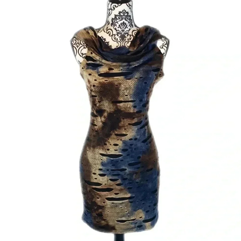 Samuel Dong Cowl Neck Brown and Blue Post Ripped Dress, L